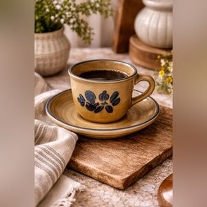 Pfaltzgraff Folk Art Brown Blue Coffee Cup & Saucer Set Vintage USA